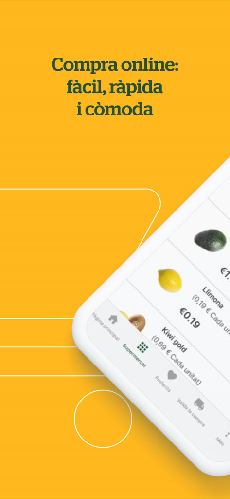 BonpreuEsclat - BonpreuEsclatアプリのインターフェース。レモンやキウイなどの商品が表示されたオンライン食料品ショッピング画面（黄色い背景）