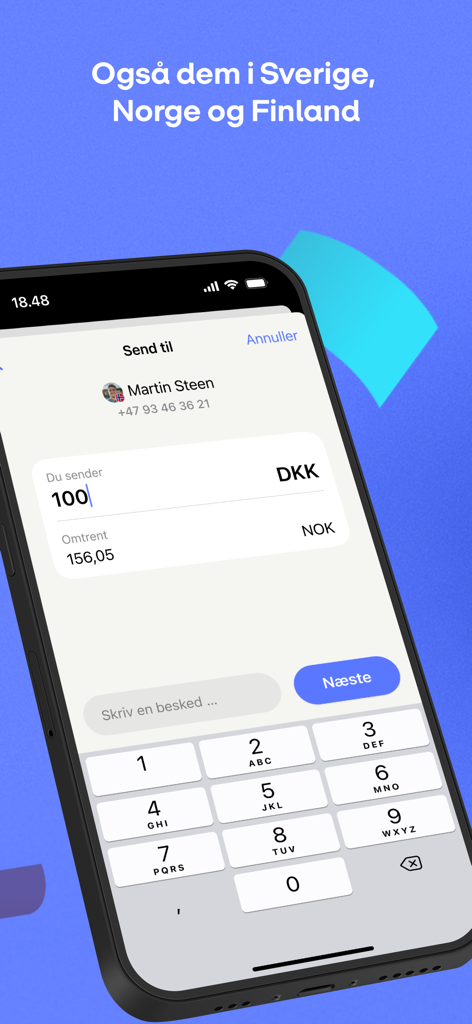 MobilePay - Écran de l'application MobilePay montrant un transfert d'argent international avec conversion de devises.
