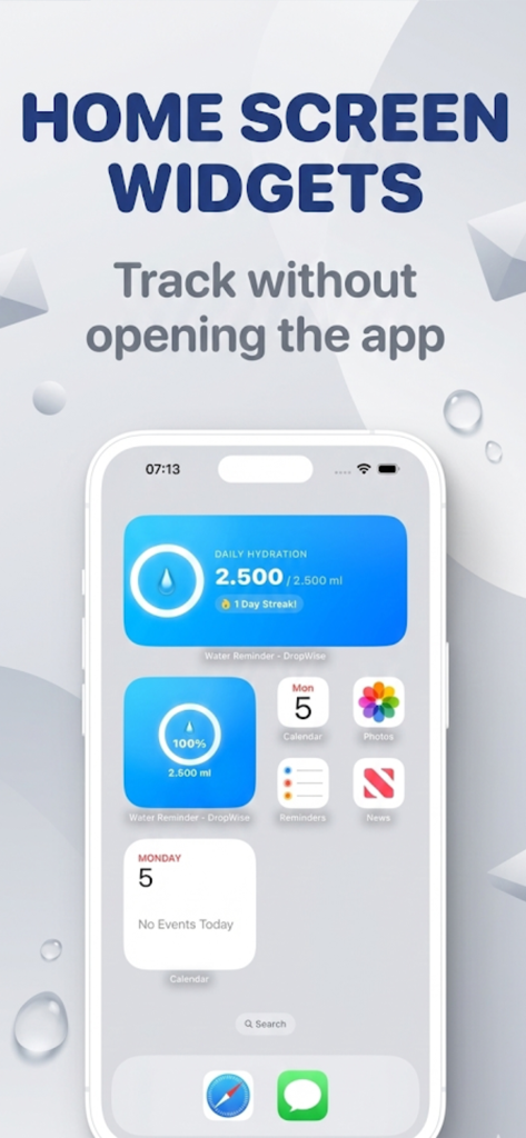 Water Reminder - DropWise - DropWise hydration widgets on an iPhone home screen showing daily water intake and streaks