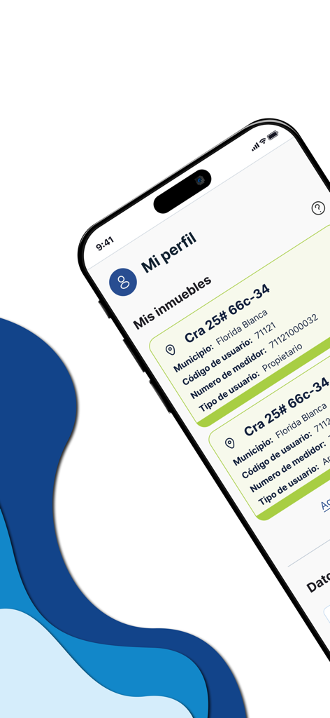 MetroApp - Interface mobile MetroApp montrant le profil de l'utilisateur et une liste de propriétés enregistrées pour la gestion des services de gaz en Colombie