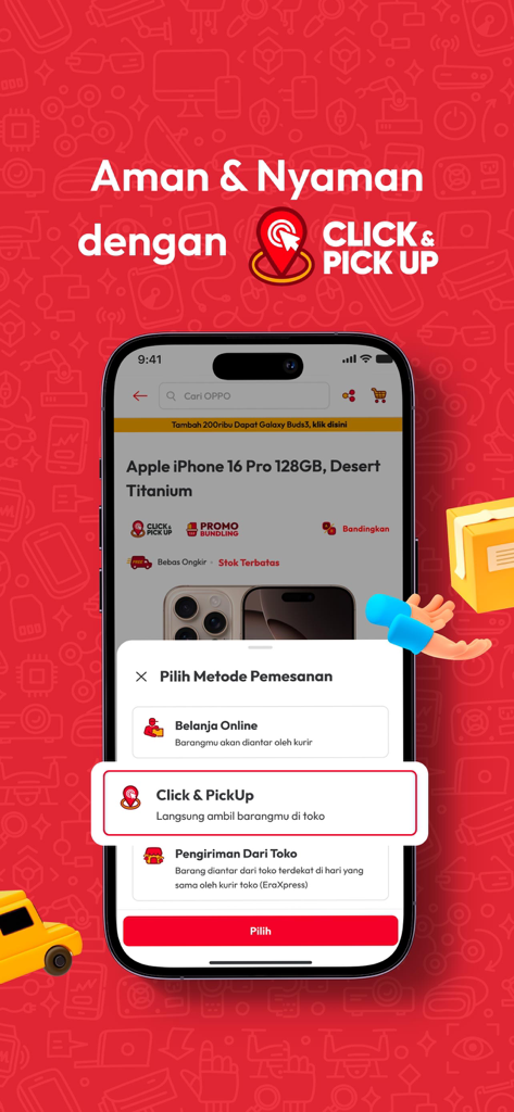 Erafone mobile app interface showing the Click and Pick Up order method selection for an iPhone 16 Pro