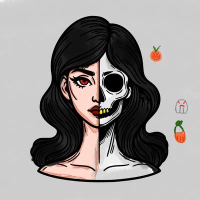 bust of a woman, half face and hair, half skull