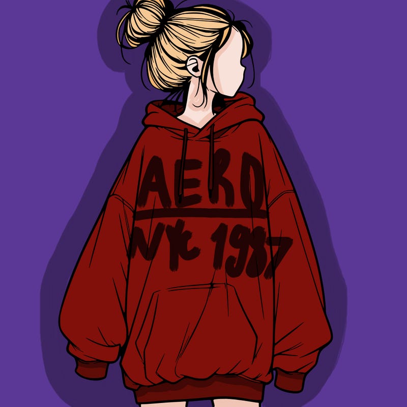 realistic girl with a oversized sweatshirt on and a bun
