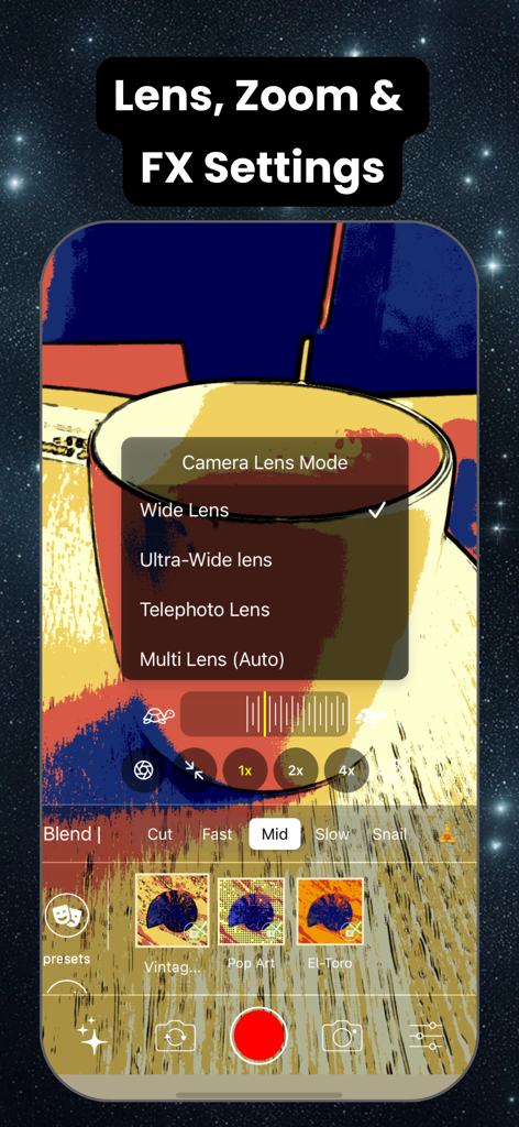 Syn-FX: Video Editor & Effects - Syn-FX app interface showing camera lens selection and artistic video effects