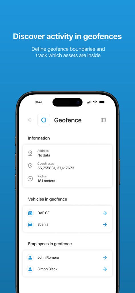 X-GPS Mobile - Pantalla de geovallas de X-GPS Mobile que muestra vehículos y empleados rastreados dentro de un radio específico