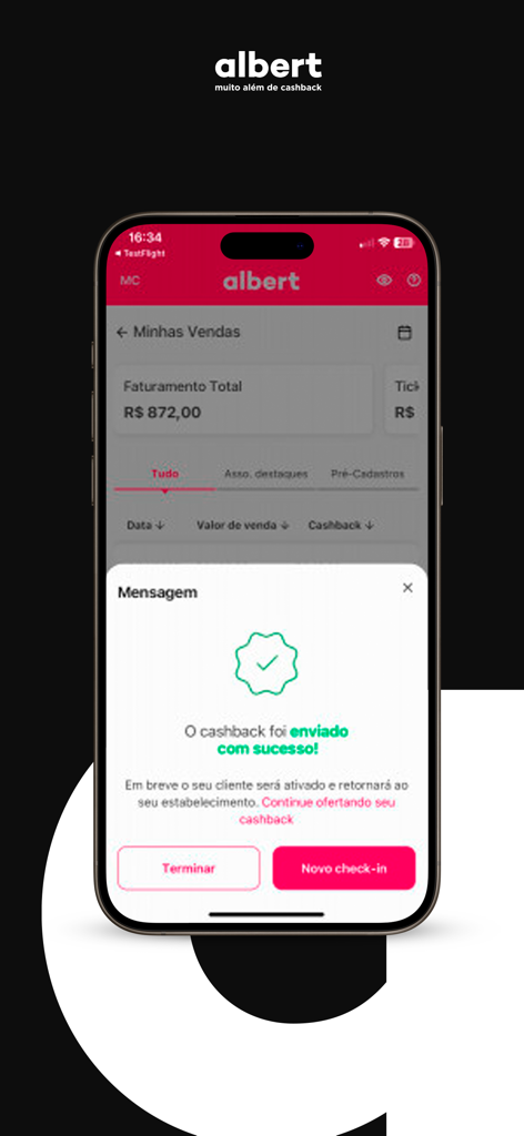 oi, albert para parceiros - A smartphone displaying the Albert partner app with a confirmation message stating that cashback was successfully sent to a customer.