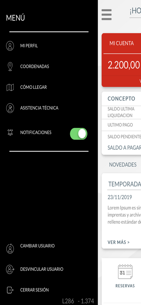 Simple Solutions - Interface of the Simple Solutions app showing the navigation menu and account balance for property management.
