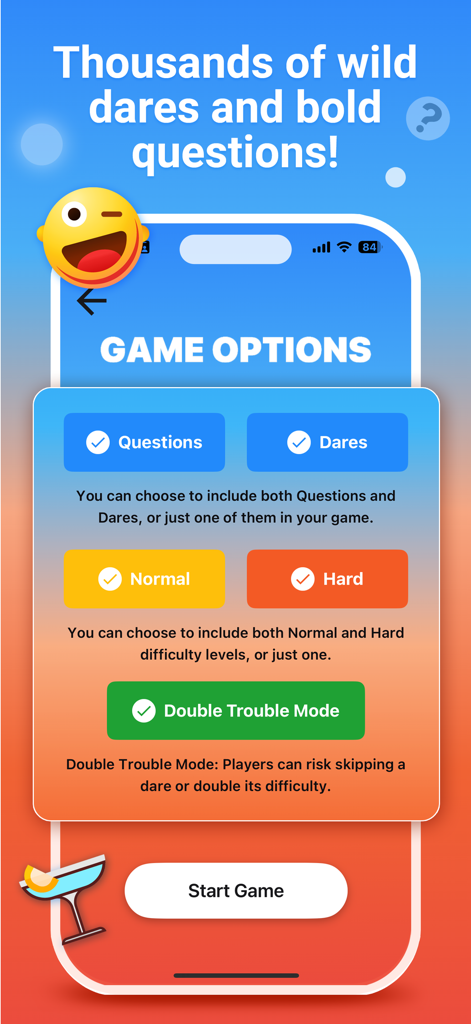 Truth or Dare - Chooser! - Pantalla de opciones del juego Verdad o Reto Elegidor mostrando ajustes de dificultad y modos