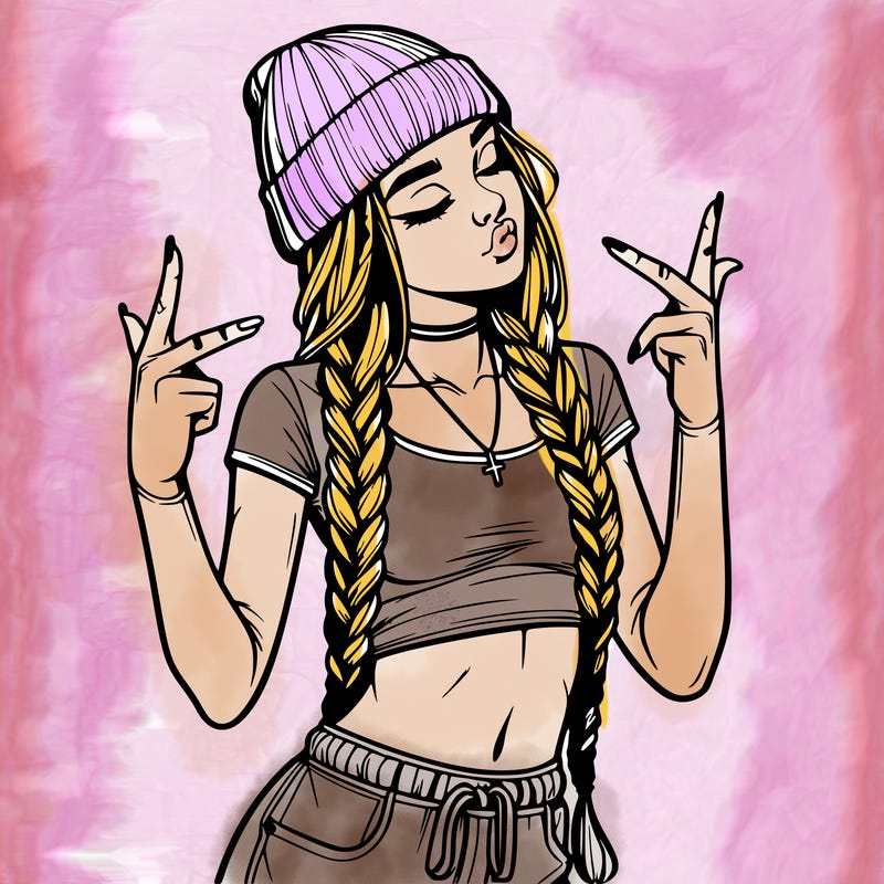 realistic teenage girl with braids and a beanie and crop top doing 🫶🏼