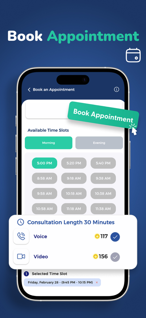 Shawir Online Consultations - Shawirアプリのオンライン相談予約画面。利用可能な時間枠と通話オプションが表示されています。