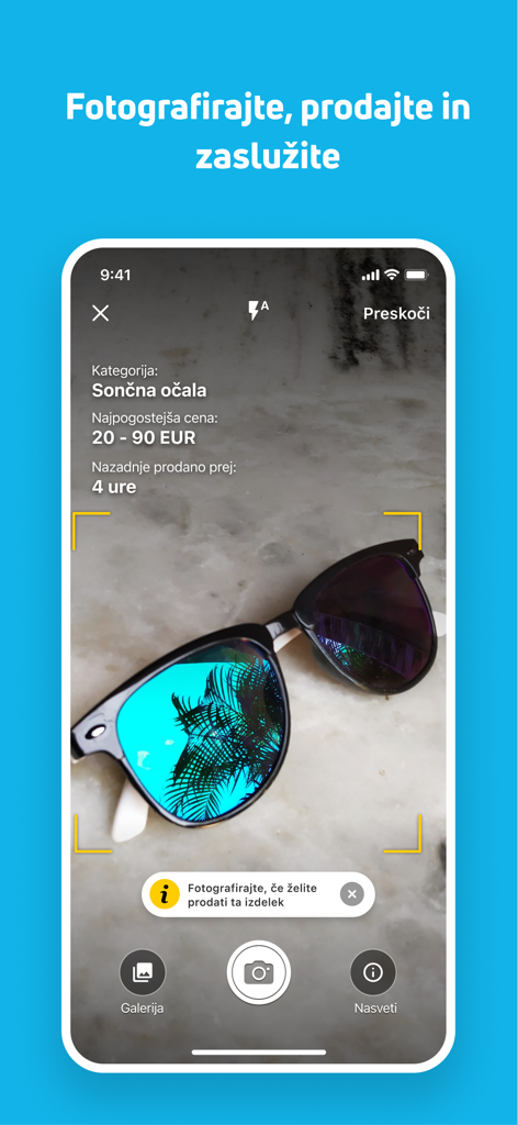 bolha.com - A mobile phone screen showing the bolha.com app using photo recognition to identify sunglasses for a marketplace listing.