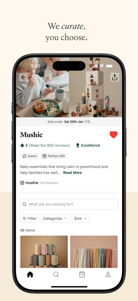 Choose: Daily Discovery - Oberfläche der Choose-App mit kuratierten Baby-Essentials der Marke Mushie