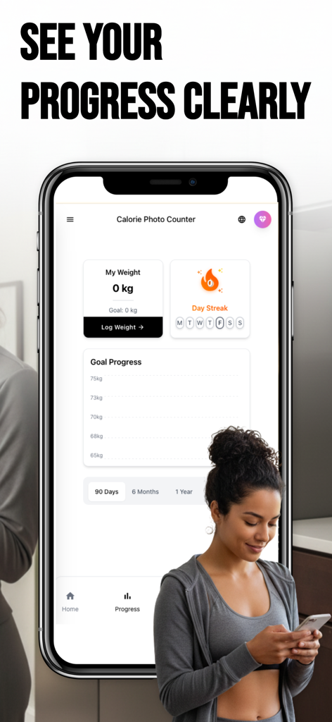 Calorie Photo Counter - Mobile app interface showing weight progress and daily streak tracking