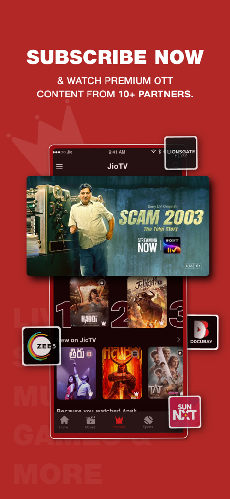 Schermata dell'app JioTV che mostra le opzioni di abbonamento premium e i contenuti di vari partner OTT