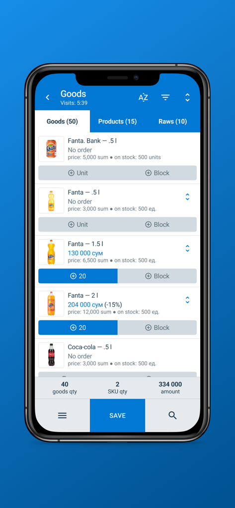Interfaz móvil de Smartup ERP que muestra una lista de productos con niveles de stock y precios.