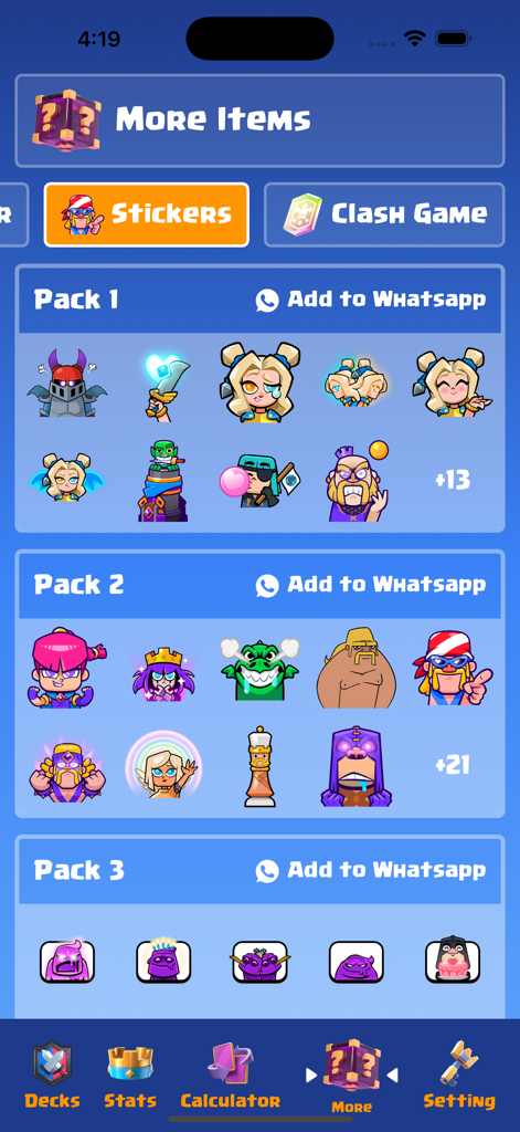 Deck Guides - Eine Sammlung von Clash Royale Charakter-Stickerpaketen, die zu WhatsApp hinzugefügt werden können, in der Deck Guides App