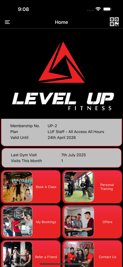 My Level Up - Home dashboard of the My Level Up fitness app showing membership info and booking options