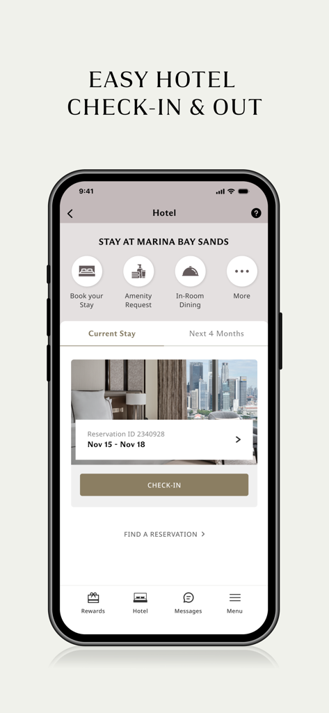 Interfaccia dell'app Marina Bay Sands per un facile check-in in hotel e la gestione delle prenotazioni.