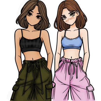 two girls with crop top with baggy pants