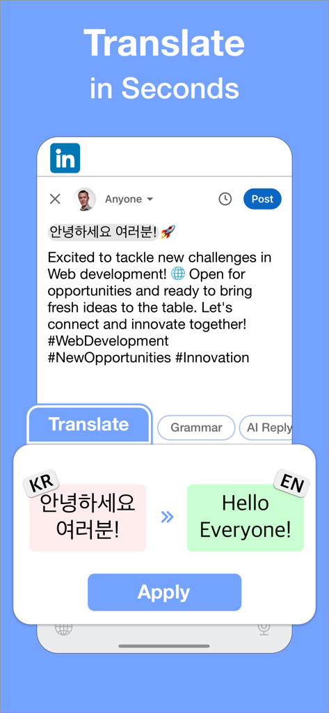 TyprAI: AI Keyboard & Writer - TyprAI keyboard translating Korean text into English for a LinkedIn post.