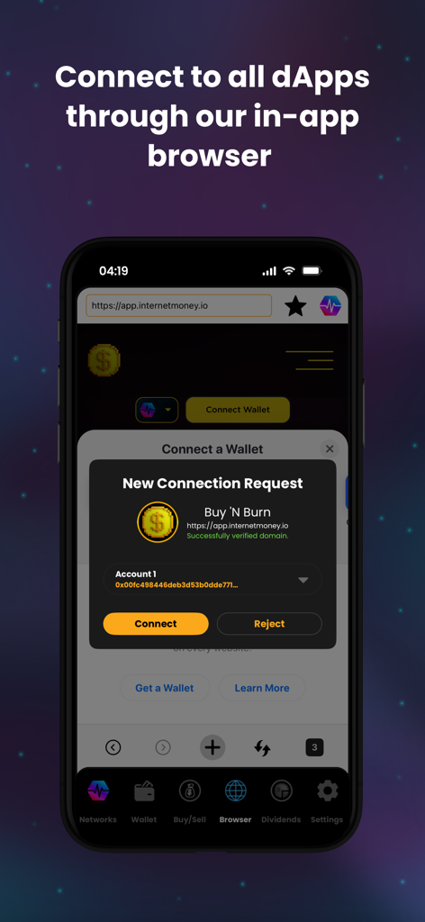 Internet Money - Crypto Wallet - Internet Money crypto wallet in-app browser screen showing a new dApp connection request