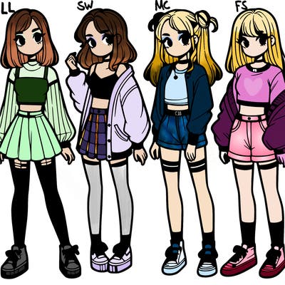 one girl with crop-top shirt and a jacket with a skirt, long socks and another girl with a shirt and pants with a jacket