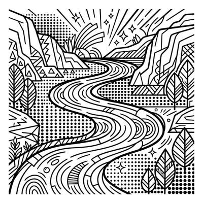 Experience the vibrant energy of a Pop Art river landscape, where bold outlines and iconic halftone dots bring a winding waterway to life. This dynamic coloring page invites you to explore nature with a cool, retro-comic twist.