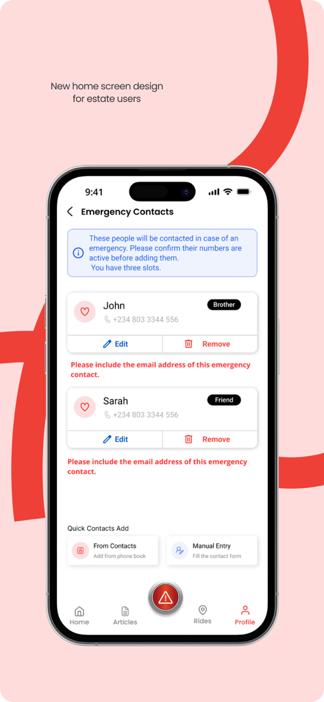 Rescuetap - Smartphone screen showing emergency contact management in the RescueTap safety app
