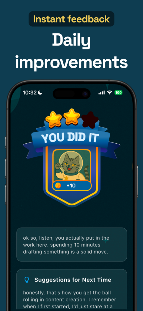 Goodtails: Dog Training & Care - An achievement badge screen in the Goodtails app showing daily improvements and instant feedback for pet care tasks.