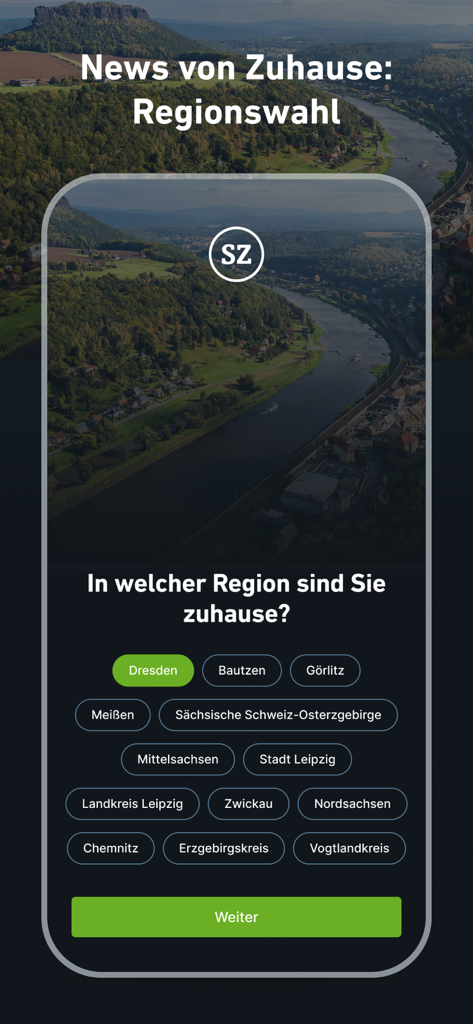 Tela de seleção de região no aplicativo Saechsische Zeitung para notícias locais da Saxônia.