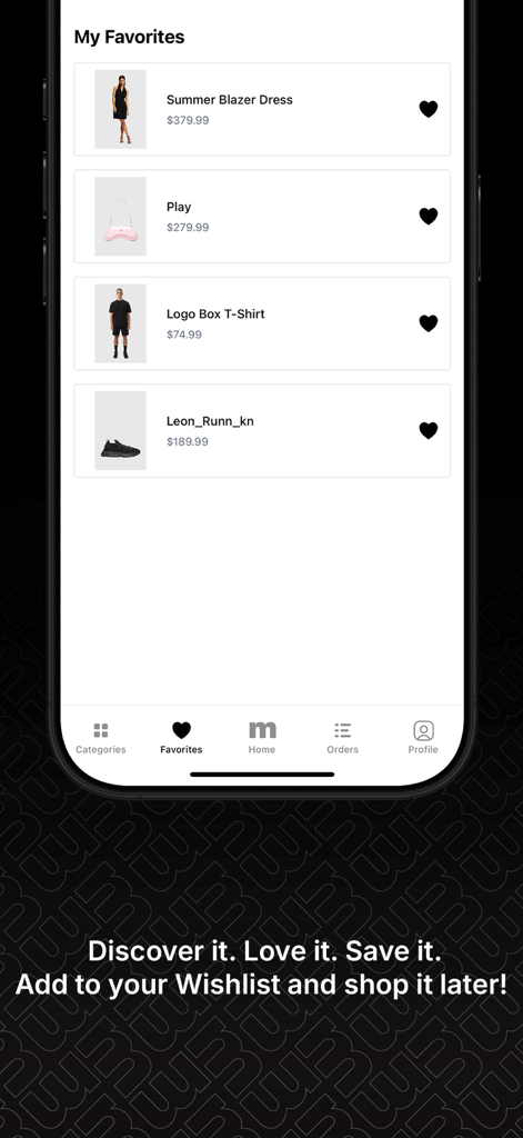 Pantalla de favoritos de la app Maxx Group que muestra un blazer veraniego y una camiseta con logo en una lista de deseos digital.