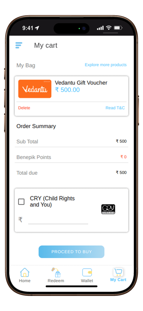 Benepik Plus app screen showing the my cart page with a gift voucher and order summary.