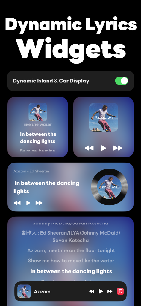 Dynamic Lyrics 2.0-Play in Car - Showcase of different dynamic lyrics widgets for iPhone home screen and car display featuring Ed Sheeran song