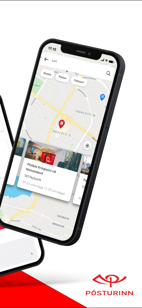 Kartenansicht in der Posturinn-App, die Standorte von Paketfächern und Postämtern anzeigt.