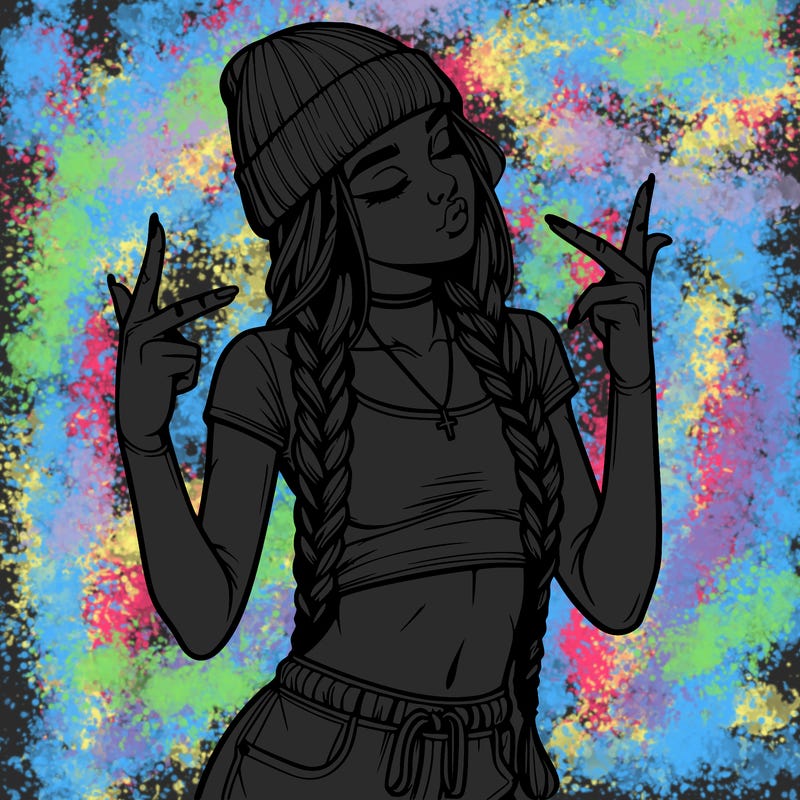 realistic teenage girl with braids and a beanie and crop top doing 🫶🏼