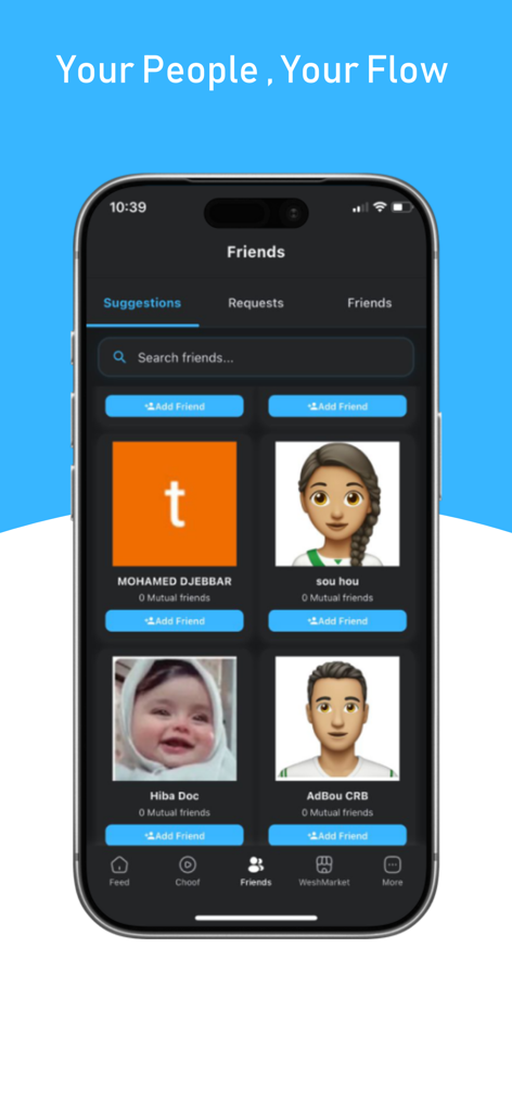 Wesh - Wesh mobile app friends suggestion interface showing user profile cards and add friend buttons