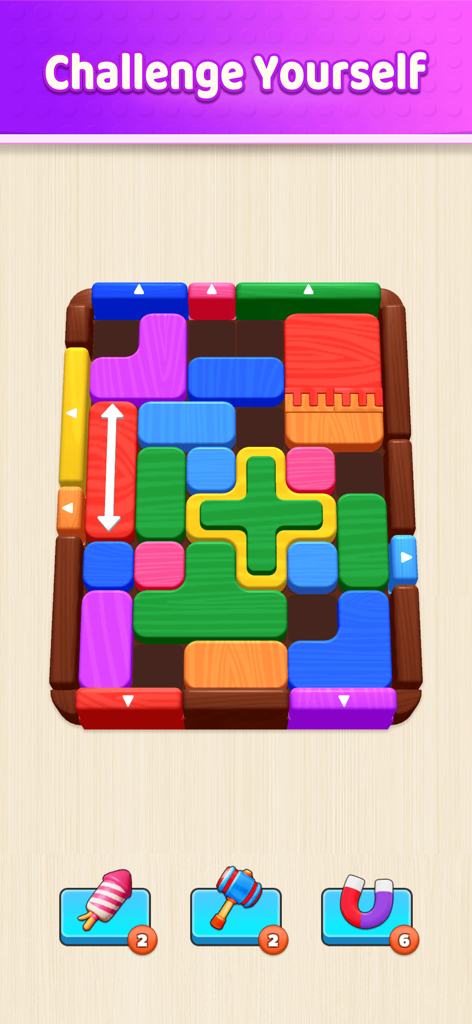 Ein lebhaftes Schiebeblock-Puzzle-Brett in Slide Block Rush mit verschiedenen Formen und Spiel-Boostern.