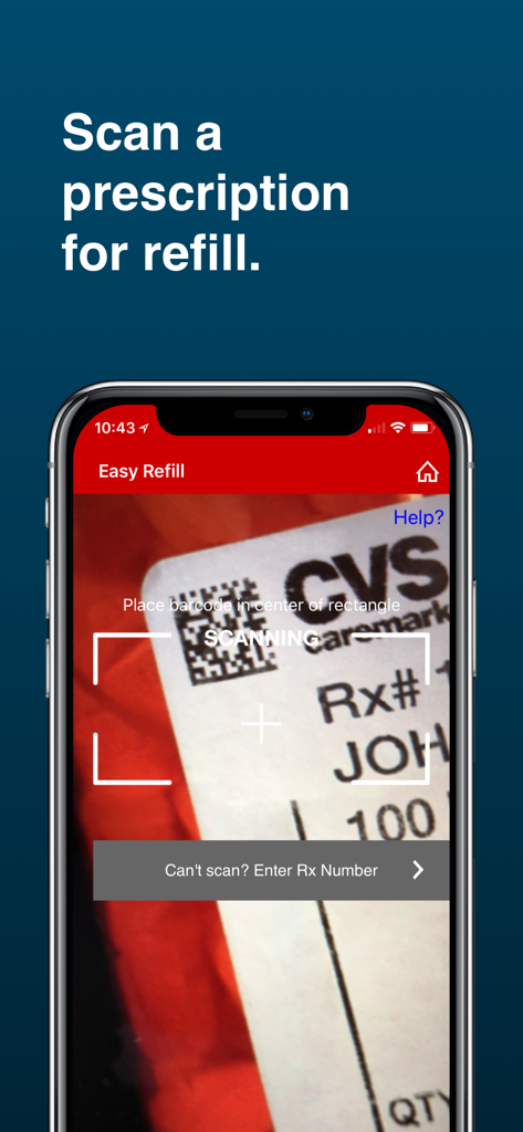 Smartphone screen showing the CVS Caremark app scanning a prescription label for an easy refill