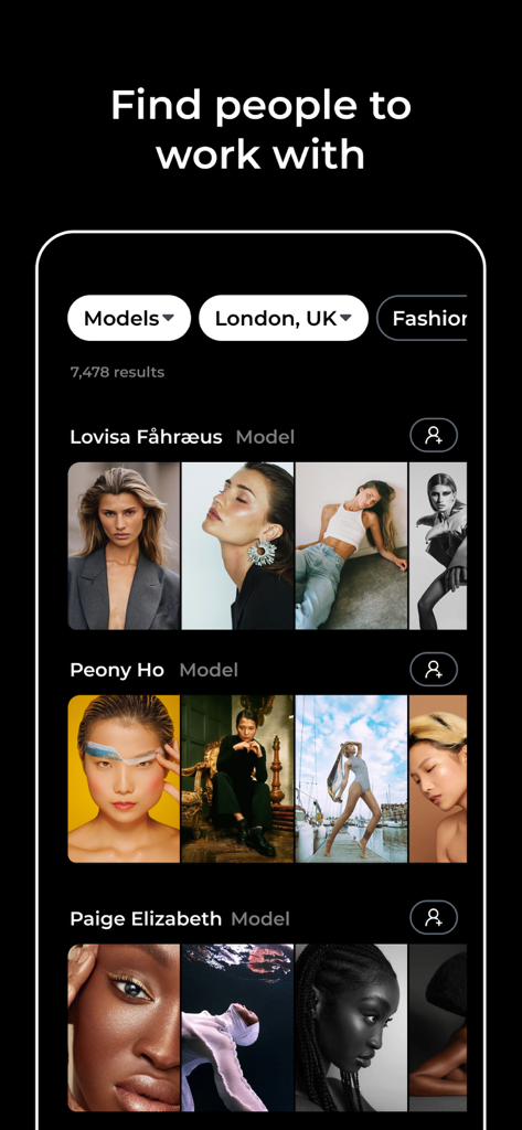 Kavyar Photography Network - Kavyar app interface displaying a search for fashion models in London with portfolio images.
