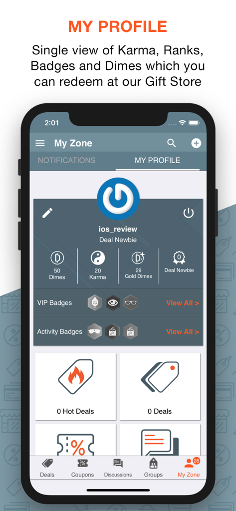 DesiDime - Shopping Community - DesiDime mobile app profile page displaying user rewards including karma and dimes