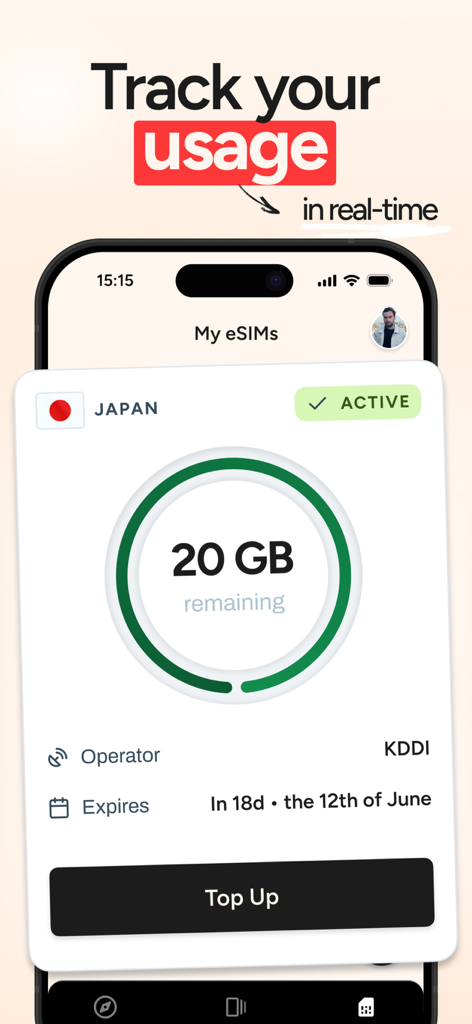 voilà : Travel guides & eSIMs - Pantalla de seguimiento de uso de datos de eSIM en tiempo real para Japón en la aplicación de viajes voilà que muestra 20 GB restantes.