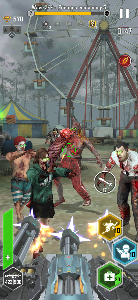 Zombie Hunter: Shoot or Dead - First person shooter gameplay showing a player using a heavy machine gun against zombies in an amusement park.