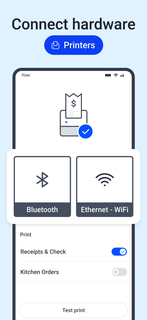 Yimi POS – Sales & Inventory - Yimi POS mobile app interface for connecting Bluetooth and WiFi receipt printers.