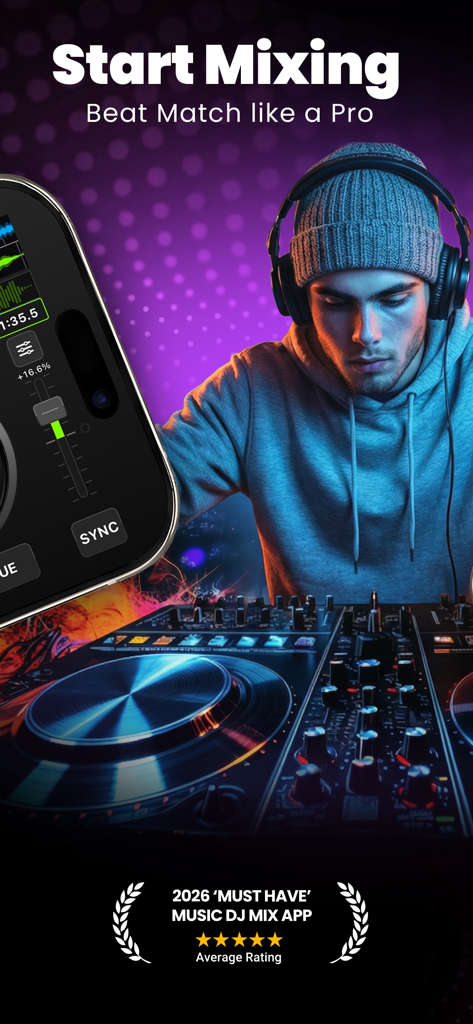 DJ Mixer App: ClubDJ Pro FX - A DJ with headphones mixing music behind decks with the ClubDJ Pro FX app interface visible on a smartphone