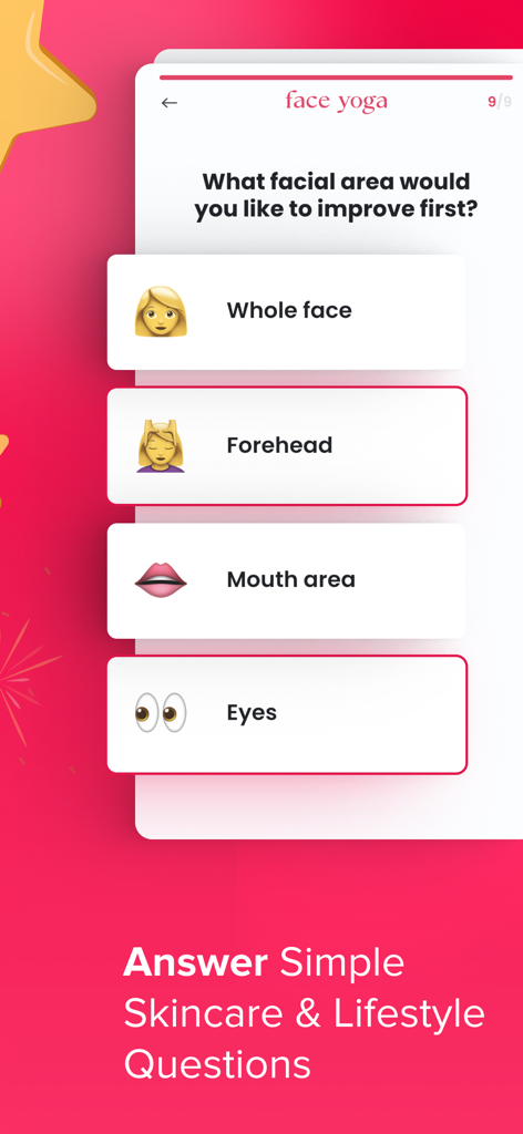 Face Yoga: Facial Exercises - A mobile app screen showing a questionnaire where users select target facial areas like forehead, mouth, or eyes to customize their face yoga plan.