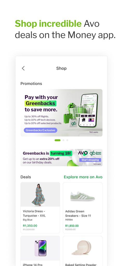 Nedbank Money - Nedbank Money app interface showing the Avo SuperShop marketplace with shopping deals and Greenbacks rewards