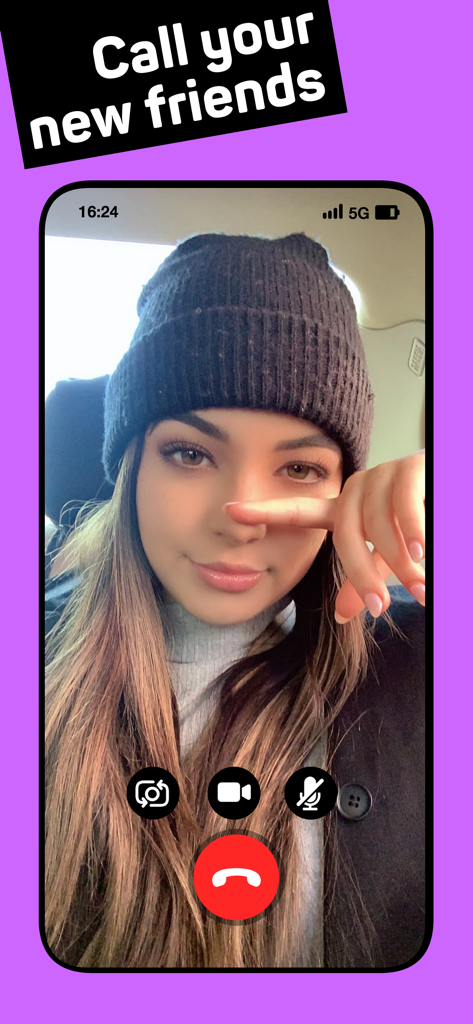 Buzz - Make friends - Interface de chamada de vídeo no aplicativo Buzz com uma jovem mulher e o texto Ligue para seus novos amigos.