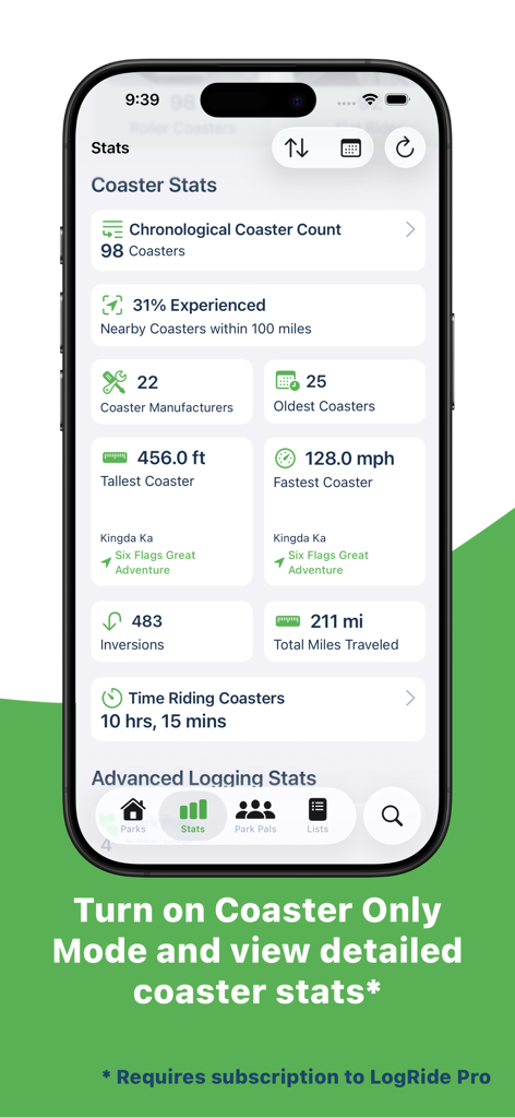 Una interfaz de aplicación móvil que muestra estadísticas detalladas de montañas rusas, incluida la altura, la velocidad y los recuentos totales de atracciones.