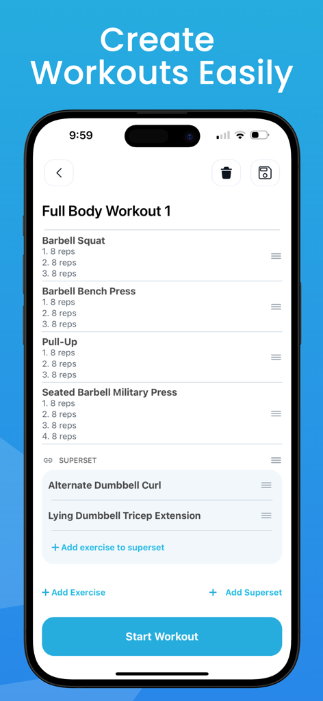 Screenshot of the Fitlist app interface for creating a full body workout routine with exercises like barbell squats and bench presses.