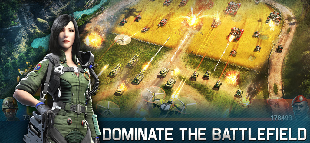 War Planet Online: MMO Battle - A female commander standing in front of a battlefield with tanks and helicopters in War Planet Online